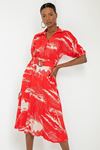 Viscose Fabric V-Neck Midi Mixed Print Women Dress With Belt - Red