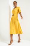 Viscose Fabric Elastic Sleeve Shirt Collar Midi Crispy Print Women Dress - Mustard