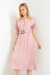 Viscose Fabric Elastic Sleeve Shirt Collar Midi Crispy Print Women Dress - Light Pink