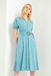Viscose Fabric Elastic Sleeve Shirt Collar Midi Crispy Print Women Dress - Navy Blue 