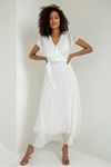 шифон ткань V-образный вырез длина миди Женское платье с поясом - Молочный