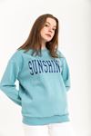 Third Knit With Wool İnside Fabric Hip Height Inscribed Women Sweatshirt - Blue
