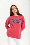 Third Knit With Wool İnside Fabric Hip Height Inscribed Women Sweatshirt - Pink