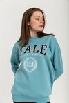 Third Knit With Wool İnside Fabric Long Sleeve Hip Height Inscribed Women Sweatshirt - Blue
