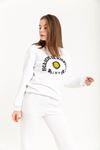 Şardonlu 3 İplik Kumaş Uzun Kol Basen Boy Yazılı Kadın Sweatshirt-Beyaz