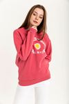 Third Knit With Wool İnside Fabric Long Sleeve Hip Height İnscribed Women Sweatshirt - Pink