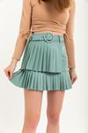 Leather Fabric Full Fit Pleated Mini Skirt - Mint