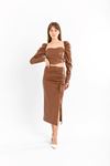 Leather Fabric Above Knee Shirred Slit Women'S Skirt - Brown