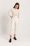 Leather Fabric Long Tigth Fit High Waist Belt Women'S Trouser - Ecru