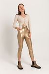 Leather Fabric Long Tigth Fit High Waist Belt Women Trouser-Gold