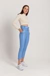 Leather Fabric Long Tigth Fit High Waist Belt Women'S Trouser - Blue