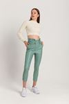 Leather Fabric Long Tigth Fit High Waist Belt Women'S Trouser - Mint