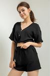 Linen Fabric Short Comfy Fit Elastic Waist Women Shorts - Black