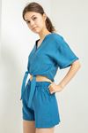 Linen Fabric Short Comfy Fit Elastic Waist Women Shorts - Navy Blue 