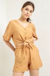 Linen Fabric Short Comfy Fit Elastic Waist Women Shorts - Light Brown