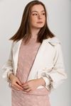 Leather Fabric Balloon Sleeve Belt Length Comfy Women Jacket - Ecru
