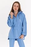 Zara Leather Fabric Long Sleeve Hooded Long Oversize Women Sweatshirt - Blue