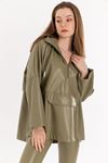 Zara Leather Fabric Long Sleeve Hooded Long Oversize Women Sweatshirt - Khaki 