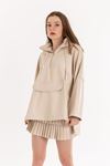 Zara Leather Fabric Long Sleeve Hooded Long Oversize Women Sweatshirt - Beige 