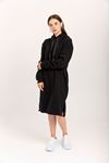 Third Knit With Wool İnside Fabric Long Sleeve Hooded Oversize Women Dress - Black