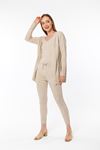 Knitwear Fabric Wide V Neck Long Full Fit Women'S Set 3 Pieces - Stone