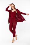Knitwear Fabric Wide V Neck Long Full Fit Women'S Set 3 Pieces - Burgundy