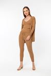 Knitwear Fabric Wide V Neck Long Full Fit Women'S Set 3 Pieces - Light Brown