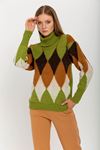 Knitwear Fabric Long Sleeve Turtle Neck Geometric Pattern Women Sweater - Green