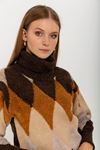 Knitwear Fabric Long Sleeve Turtle Neck Geometric Pattern Women Sweater - Brown
