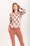 Knitwear Fabric Long Sleeve Bicycle Collar Checkerboard Print Women'S Knitwear Set 2 Pieces - Rose 