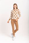 Knitwear Fabric Long Sleeve Bicycle Collar Checkerboard Print Women'S Knitwear Set 2 Pieces - Light Brown