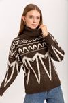 Knitwear Fabric Long Sleeve Turtle Neck Striped Women Sweater - Brown