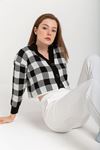 Knitwear Fabric Long Sleeve V-Neck Crop Square Print Women Cardigan - Black