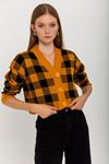 Knitwear Fabric Long Sleeve V-Neck Crop Square Print Women Cardigan - Mustard