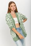 Knitwear Fabric Long Sleeve Without Collar Long Checkerboard Print Women Cardigan - Mint