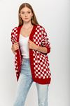 Knitwear Fabric Long Sleeve Without Collar Long Checkerboard Print Women Cardigan - Red