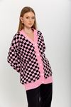 Knitwear Fabric Long Sleeve Without Collar Long Checkerboard Print Women Cardigan - Pink
