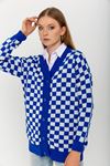 Knitwear Fabric Long Sleeve Without Collar Long Checkerboard Print Women Cardigan - Dark Blue