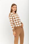 Knitwear Fabric Long Sleeve Bicycle Collar Square Women'S Set 2 Pieces - Light Brown