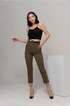 Atlas Kumaş Klasik Yüksel Bel Kadın Pantolon-Haki