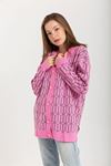 Knitwear Fabric Long Sleeve V-Neck Hip Height Geometric Print Women Cardigan - Pink
