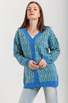 Knitwear Fabric Long Sleeve V-Neck Hip Height Geometric Print Women Cardigan - Blue