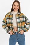 Lumberjack Fabric Long Sleeve Hip Height Oversize Striped Women'S Shirt - Mustard Green