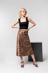 Satin Fabric Midi Straight Face Print Women'S Skirt - Khaki 