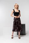 Satin Fabric Midi Straight Face Print Women'S Skirt - Black