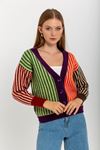 Knitwear Fabric Long Sleeve V-Neck Short Striped Women Cardigan - Orange-Green