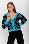Knitwear Fabric Long Sleeve V-Neck Short Fringed Women Cardigan - Light Blue