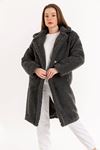 Teddy Fabric Long Sleeve Rever Collar Long Comfy Women'S Coat - Anthracite 
