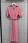льняный ткань отложной воротник Женское платье с эластичными рукавами - Розовый
