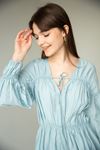 льняная ткань женская рубашка с завязками-Голубой